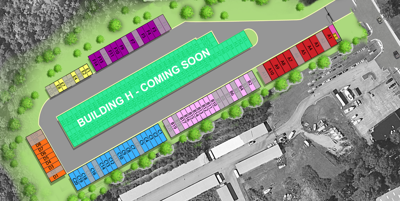 Colored site plan showing all Storage Caves buildings A through H with unit availability and layout